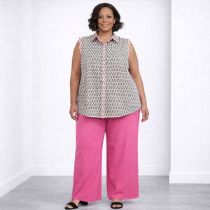 Talbots Plus 20W Pink Green Pineapple Sleeveless Button Down Shirt